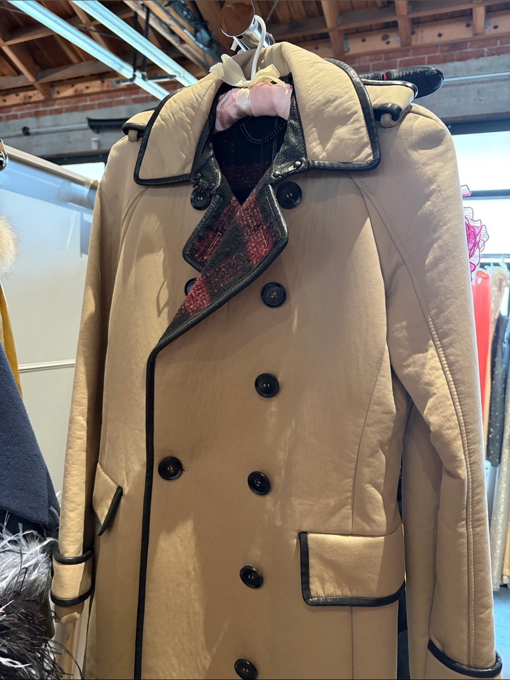 Women’s Double-Breasted Tan Coat with Black Trim